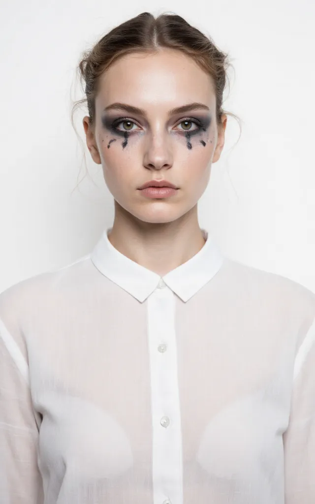 A French female model with a Mystical makeup style, wearing a shirt, against a white background, in a front   facing bust portrait
